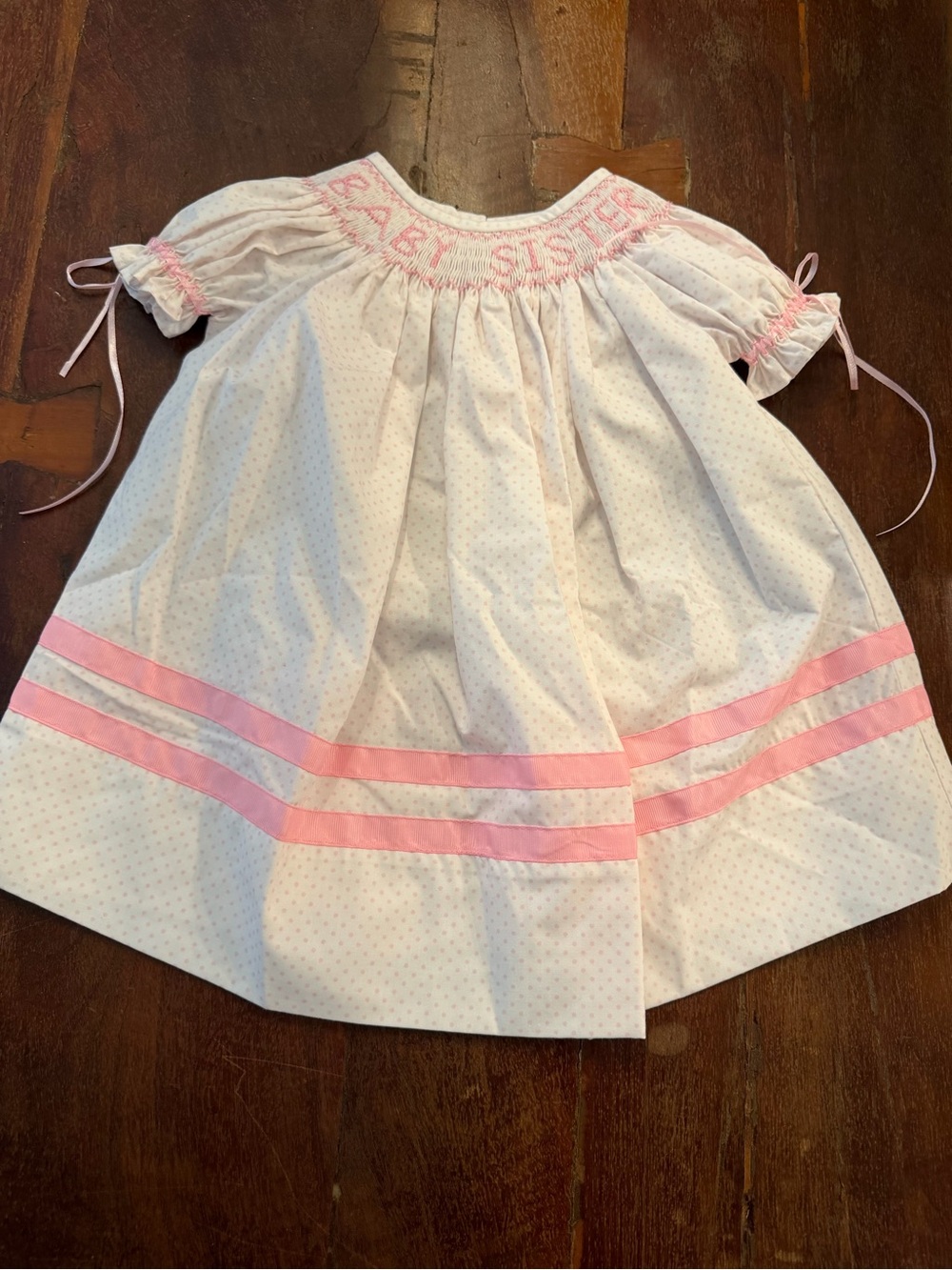 Pink-Trim White Smocked Baby Sister Casual Dress